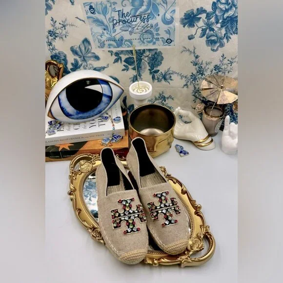 🆕 TORY BURCH 🧿 NWOT Ines Linen & Leather Bejewelled Espadrilles - Size 8 - Picture 2 of 10